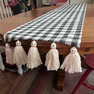 Halloween black and white buffalo check/plaid with ghost tassels table runner